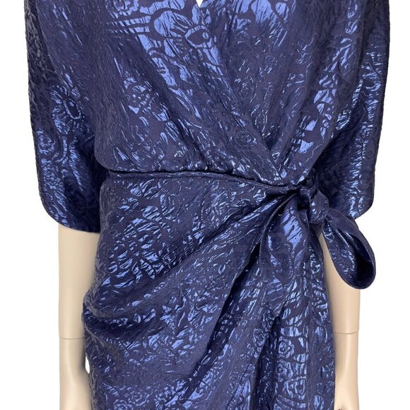 ETRO 2480$ NWT Wrap-effect Metallic Cloqué Floral Ruched Dress Royal blue IT 40 - Picture 5 of 16